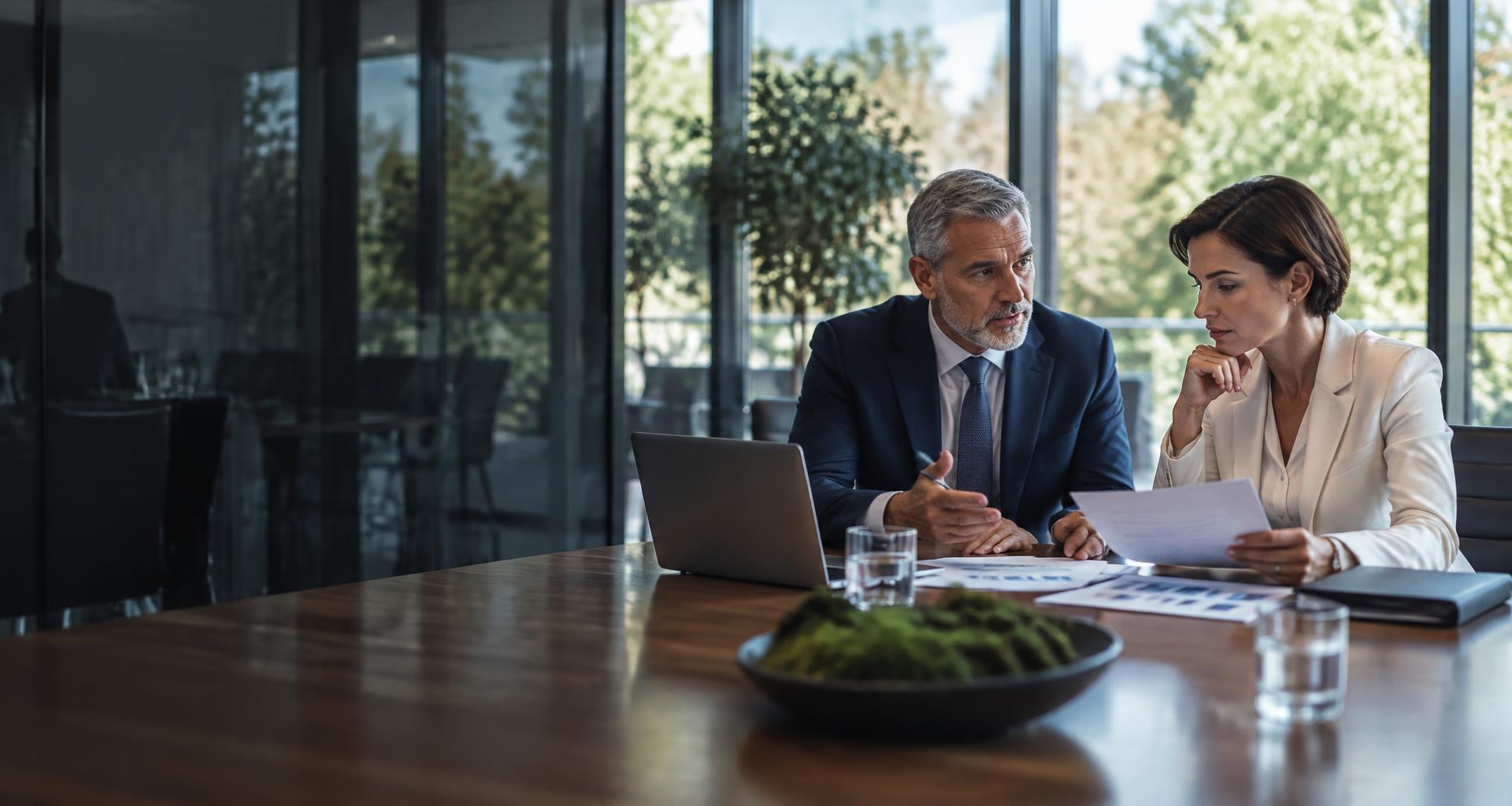 Business owner and financial executive reviewing company resources